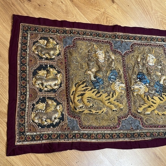 Burmese Kalaga Large Tapestry Tigers Dragons Riders 40” x 23” Handmade in Burma - Picture 3 of 13